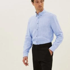 Flash Sale 😀 M&S Collection Casual 👚 Shirts Pure Linen 👚 Shirt 👍 -Men's Holiday Clothes Sales SD 03 T25 2061M E1 X EC 1