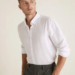 Flash Sale 😀 M&S Collection Casual 👚 Shirts Pure Linen 👚 Shirt 👍 -Men's Holiday Clothes Sales SD 03 T25 2061M Z0 X EC 1