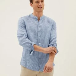 Coupon 🥰 M&S Collection Casual 👕 Shirts Pure Linen Grandad Collar 👕 Shirt 🎉 -Men's Holiday Clothes Sales SD 03 T25 2202M E1 X EC 0