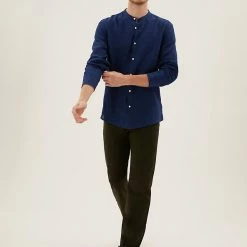 Coupon 🥰 M&S Collection Casual 👕 Shirts Pure Linen Grandad Collar 👕 Shirt 🎉 -Men's Holiday Clothes Sales SD 03 T25 2202M QP X EC 1
