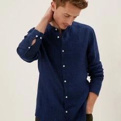 Coupon 🥰 M&S Collection Casual 👕 Shirts Pure Linen Grandad Collar 👕 Shirt 🎉 -Men's Holiday Clothes Sales SD 03 T25 2202M QP X EC 2