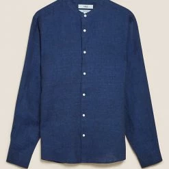 Coupon 🥰 M&S Collection Casual 👕 Shirts Pure Linen Grandad Collar 👕 Shirt 🎉 -Men's Holiday Clothes Sales SD 03 T25 2202M QP X EC 90