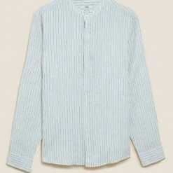 Coupon 🥰 M&S Collection Casual 👕 Shirts Pure Linen Grandad Collar 👕 Shirt 🎉 -Men's Holiday Clothes Sales SD 03 T25 2202M XH X EC 90