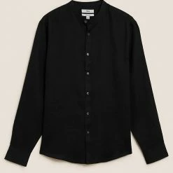 Coupon 🥰 M&S Collection Casual 👕 Shirts Pure Linen Grandad Collar 👕 Shirt 🎉 -Men's Holiday Clothes Sales SD 03 T25 2202M Y0 X EC 90