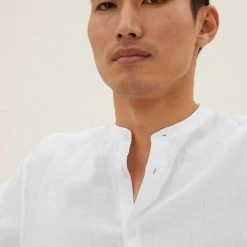 Coupon 🥰 M&S Collection Casual 👕 Shirts Pure Linen Grandad Collar 👕 Shirt 🎉 -Men's Holiday Clothes Sales SD 03 T25 2202M Z0 X EC 1