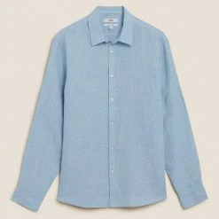 Outlet 👍 M&S Collection Casual 👚 Shirts Pure Linen 👚 Shirt 🔥 -Men's Holiday Clothes Sales SD 03 T25 2204M E1 X EC 90