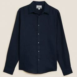 Outlet 👍 M&S Collection Casual 👚 Shirts Pure Linen 👚 Shirt 🔥 -Men's Holiday Clothes Sales SD 03 T25 2204M F0 X EC 90
