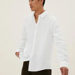 Outlet 👍 M&S Collection Casual 👚 Shirts Pure Linen 👚 Shirt 🔥 -Men's Holiday Clothes Sales SD 03 T25 2204M Z0 X EC 0