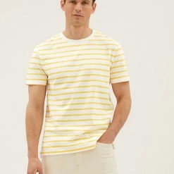 Outlet 😀 M&S Collection Men's T-shirts Pure Cotton Striped Heavy Weight T-Shirt 🎉 -Men's Holiday Clothes Sales SD 03 T28 1985M S3 X EC 1