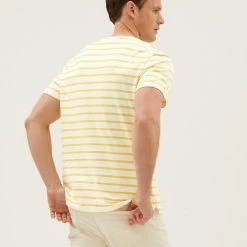 Outlet 😀 M&S Collection Men's T-shirts Pure Cotton Striped Heavy Weight T-Shirt 🎉 -Men's Holiday Clothes Sales SD 03 T28 1985M S3 X EC 2