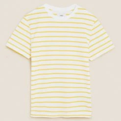 Outlet 😀 M&S Collection Men's T-shirts Pure Cotton Striped Heavy Weight T-Shirt 🎉 -Men's Holiday Clothes Sales SD 03 T28 1985M S3 X EC 90