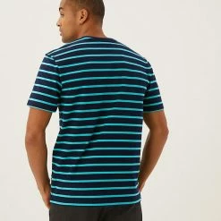 Outlet 😀 M&S Collection Men's T-shirts Pure Cotton Striped Heavy Weight T-Shirt 🎉 -Men's Holiday Clothes Sales SD 03 T28 1985M XS X EC 2