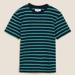 Outlet 😀 M&S Collection Men's T-shirts Pure Cotton Striped Heavy Weight T-Shirt 🎉 -Men's Holiday Clothes Sales SD 03 T28 1985M XS X EC 90