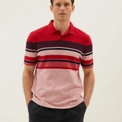 Cheap 🤩 M&S Collection Men's Polo 👚 Shirts Pure Cotton Double Knit Striped Polo 👚 Shirt 👍 -Men's Holiday Clothes Sales SD 03 T28 3299M B0 X EC 0