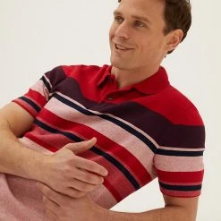Cheap 🤩 M&S Collection Men's Polo 👚 Shirts Pure Cotton Double Knit Striped Polo 👚 Shirt 👍 -Men's Holiday Clothes Sales SD 03 T28 3299M B0 X EC 1