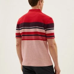Cheap 🤩 M&S Collection Men's Polo 👚 Shirts Pure Cotton Double Knit Striped Polo 👚 Shirt 👍 -Men's Holiday Clothes Sales SD 03 T28 3299M B0 X EC 2