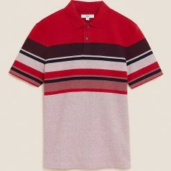 Cheap 🤩 M&S Collection Men's Polo 👚 Shirts Pure Cotton Double Knit Striped Polo 👚 Shirt 👍 -Men's Holiday Clothes Sales SD 03 T28 3299M B0 X EC 90