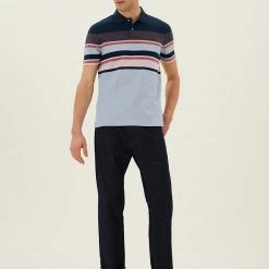Cheap 🤩 M&S Collection Men's Polo 👚 Shirts Pure Cotton Double Knit Striped Polo 👚 Shirt 👍