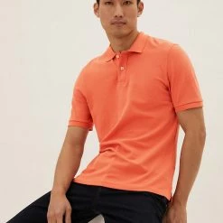 Buy 🥰 M&S Collection Men's Polo 👚 Shirts Slim Fit Pure Cotton Pique Polo 👚 Shirt ⭐ -Men's Holiday Clothes Sales SD 03 T28 5032S P0 X EC 0
