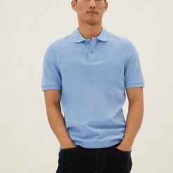 Buy 🥰 M&S Collection Men's Polo 👚 Shirts Slim Fit Pure Cotton Pique Polo 👚 Shirt ⭐ -Men's Holiday Clothes Sales SD 03 T28 5032S QE X EC 0