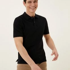 Buy 🥰 M&S Collection Men's Polo 👚 Shirts Slim Fit Pure Cotton Pique Polo 👚 Shirt ⭐ -Men's Holiday Clothes Sales SD 03 T28 5032S Y0 X EC 1