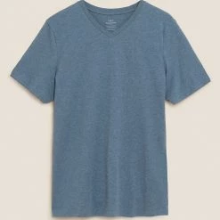 New 😀 M&S Collection Men's T-shirts Pure Cotton V-Neck T-Shirt 🛒 -Men's Holiday Clothes Sales SD 03 T28 5315M GJ X EC 90