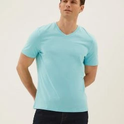 New 😀 M&S Collection Men's T-shirts Pure Cotton V-Neck T-Shirt 🛒 -Men's Holiday Clothes Sales SD 03 T28 5315M JC X EC 0