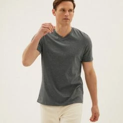 New 😀 M&S Collection Men's T-shirts Pure Cotton V-Neck T-Shirt 🛒 -Men's Holiday Clothes Sales SD 03 T28 5315M T1 X EC 0