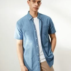 Hot Sale 🛒 JAEGER Casual 👕 Shirts Pure Cotton Chambray Short Sleeve 👕 Shirt 🔥 -Men's Holiday Clothes Sales SD 10 T62 1200C SA X EC 1